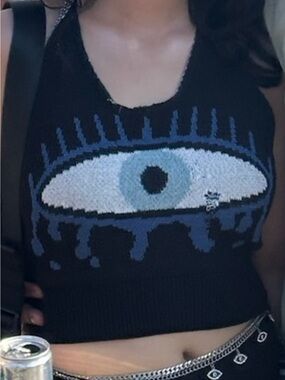 Handmade knit Evil Eye Halter Crop Top XS/S